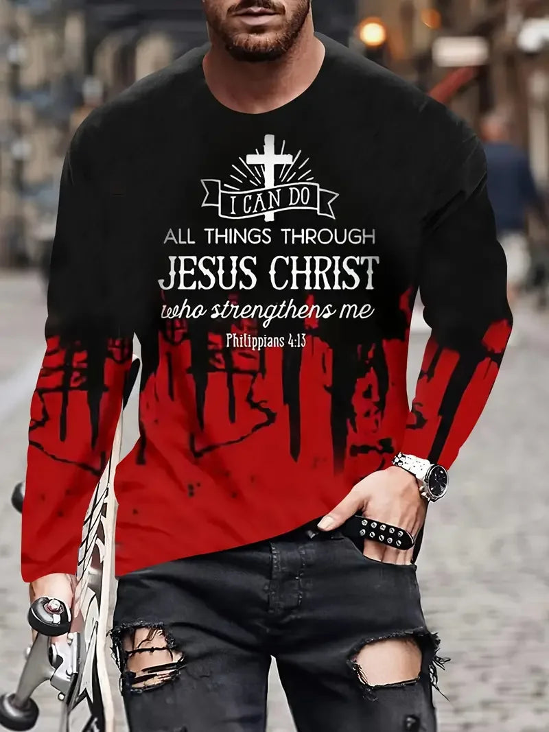 Christian Pattern Long Sleeve Crew Neck 3D Printed T-Shirts