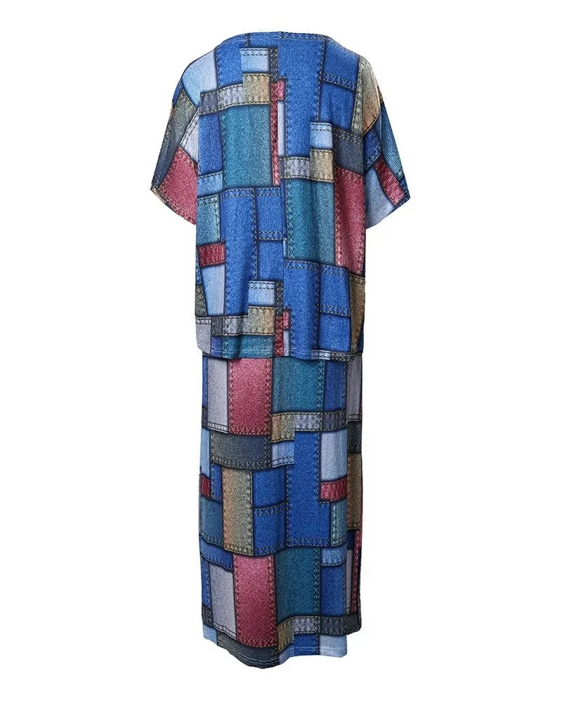 Elegant African Half Sleeve Polyester Print 2pieces Skirt Sets