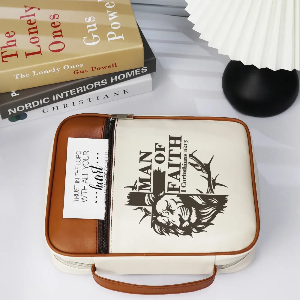 Men's "Man of Faith" Lion Cross Bible Cover with Handle – Christian Zipper Bible Case Organizer