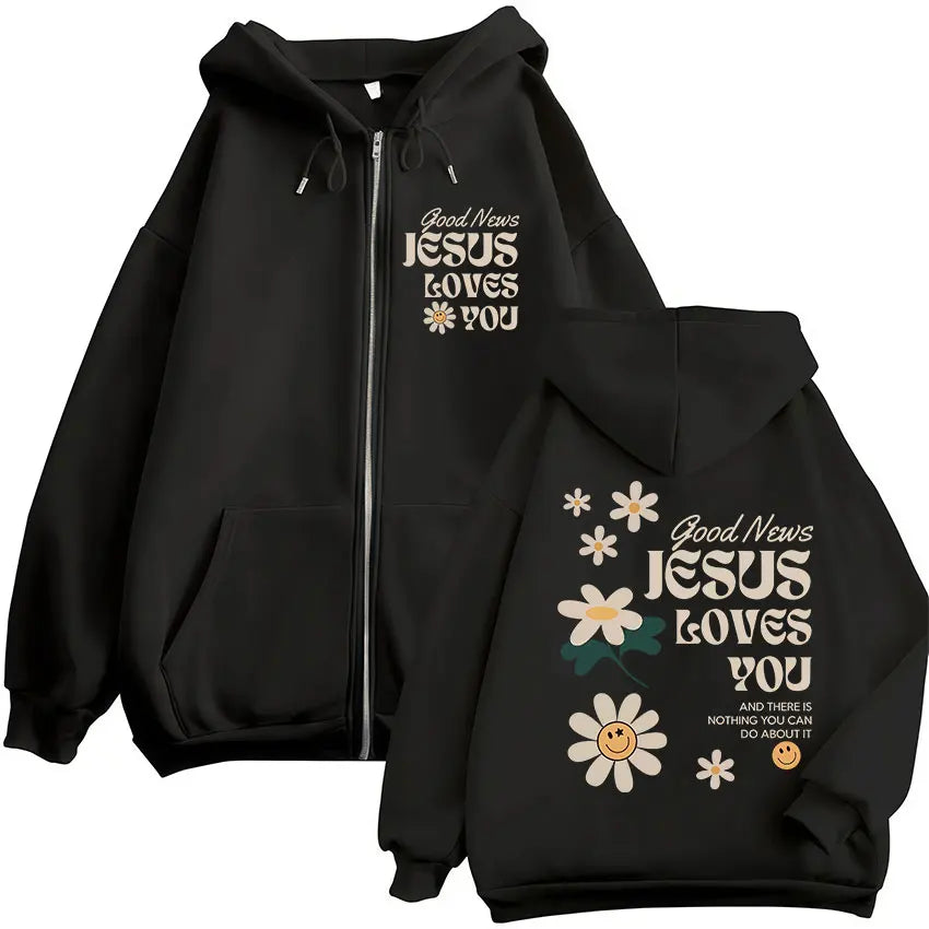 Good News, Jesus Loves You Zip-Up Hoodie | Christian Floral Graphic Sweatshirt
