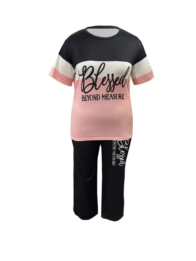 Women's Casual Colorblock Short-Sleeved Printed Loose Pocket Pants Suit