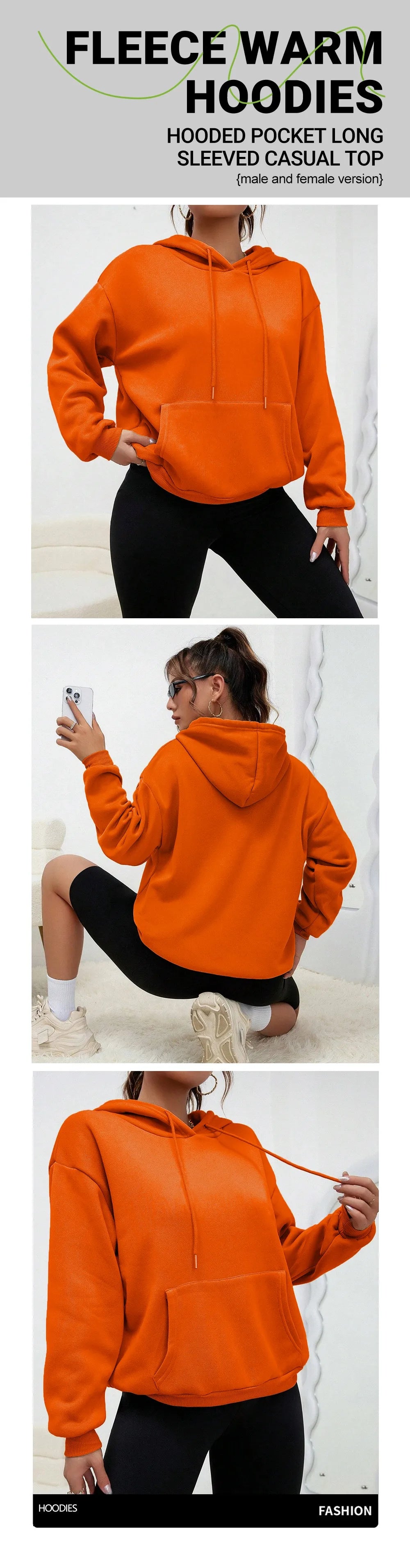 Orange fleece warm hoodie worn by a person with different angles shown.