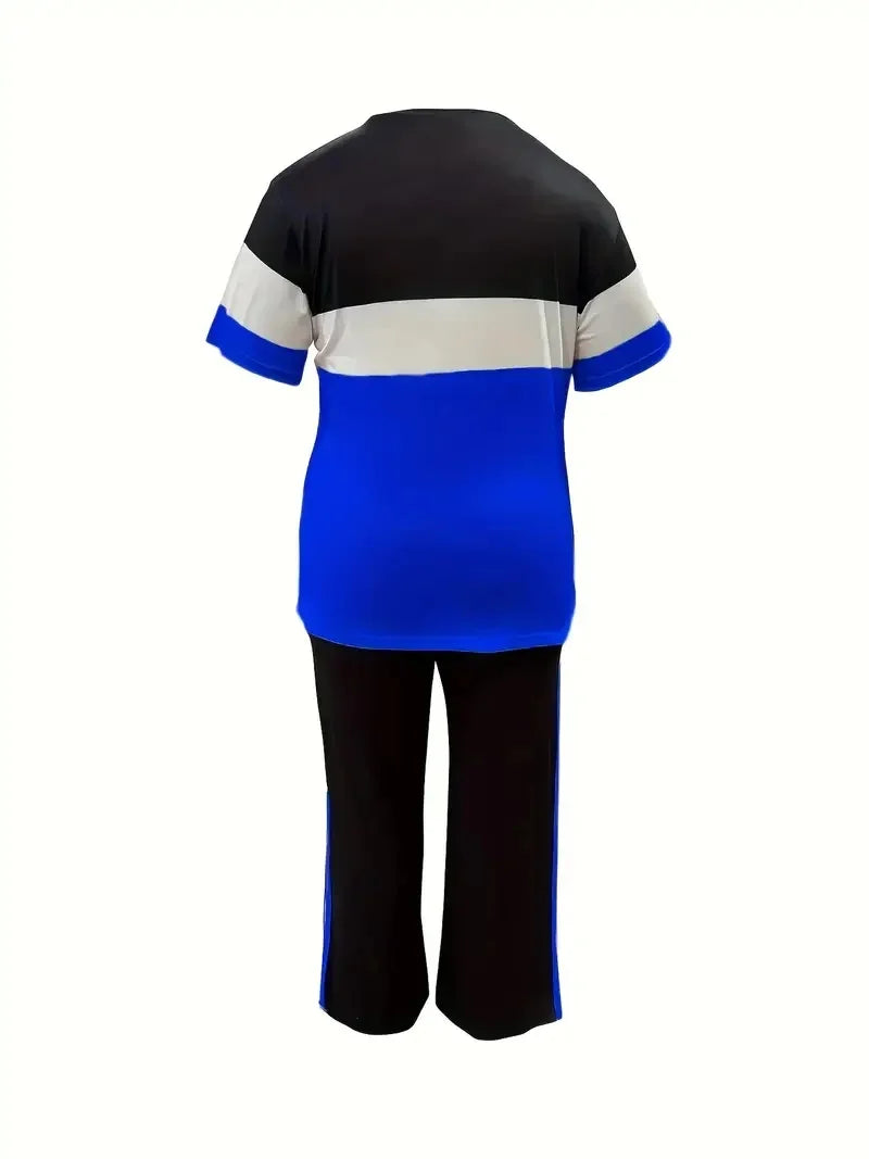 Women's Casual Colorblock Short-Sleeved Printed Loose Pocket Pants Suit