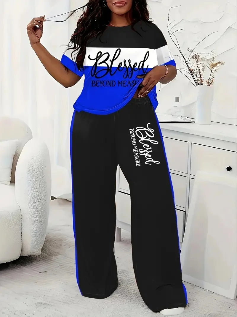 Women's Casual Colorblock Short-Sleeved Printed Loose Pocket Pants Suit