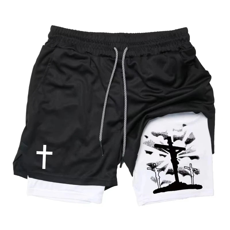 Cross & Bible Verse 2-in-1 Athletic Shorts – Men’s Quick-Dry Christian Sports & Beach Shorts