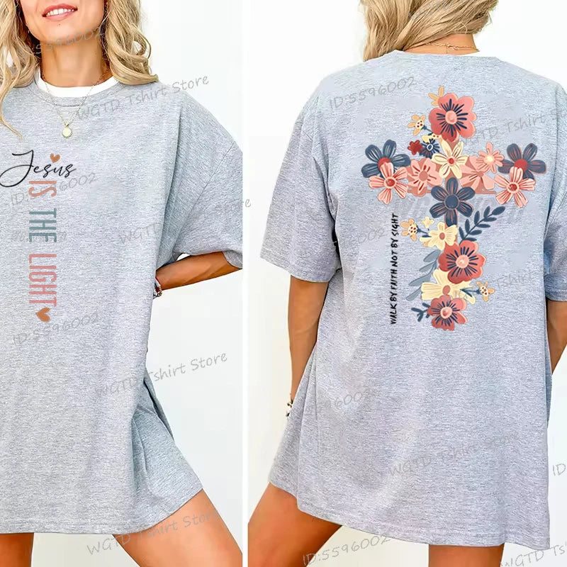 Jesus Is The Light Inspirational Floral Cross T Shirt