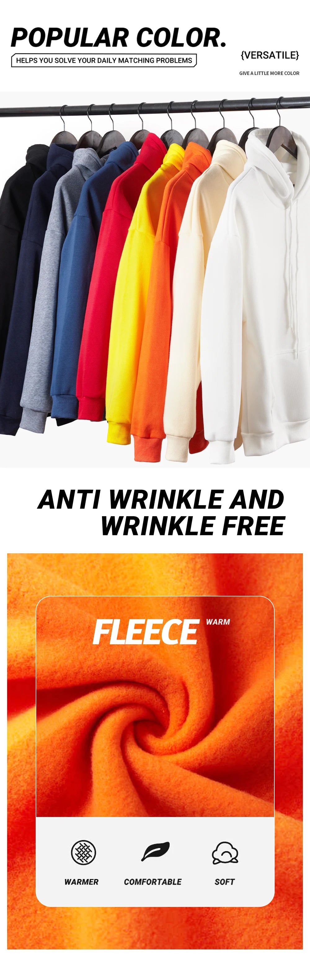 Row of colorful sweaters on hangers with text about anti-wrinkle and wrinkle-free fleece.