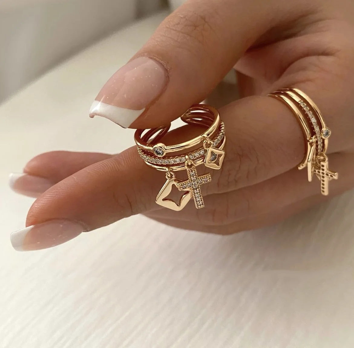 18K Gold Plated Stacked Cross Ring
