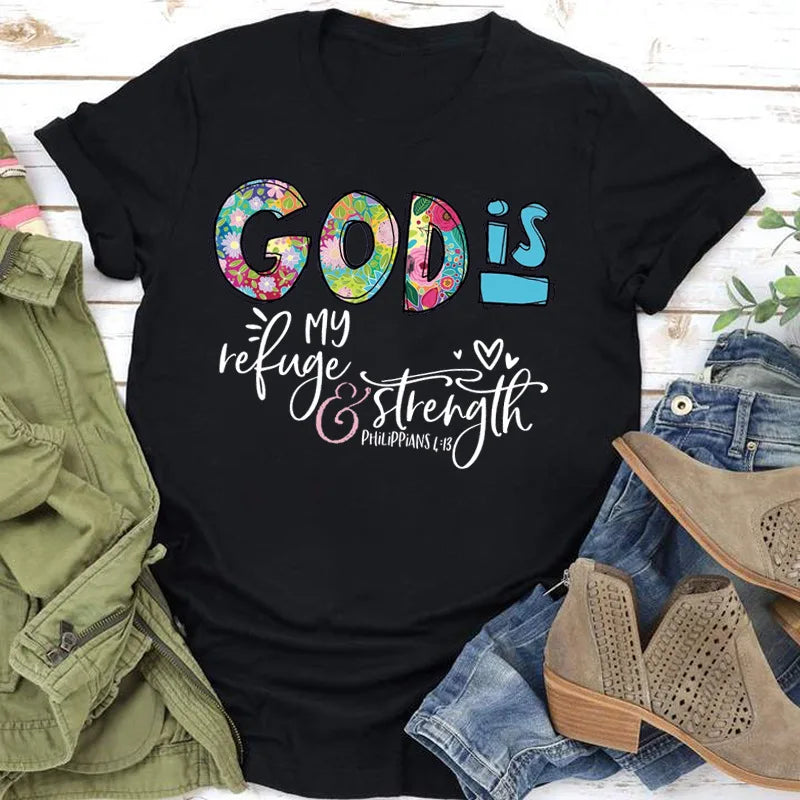 GOD IS My Refuge and Strength Creative Printed Casual Short Sleeve T-shirt
