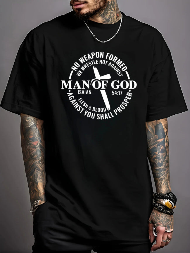 Person wearing a black t-shirt with a white graphic and text 