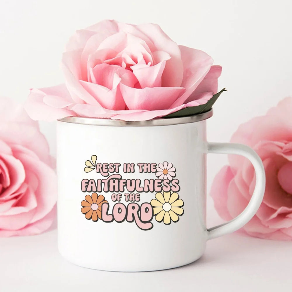White mug with pink rose and 'Rest in the Faithfulness of the Lord' text on a light pink background