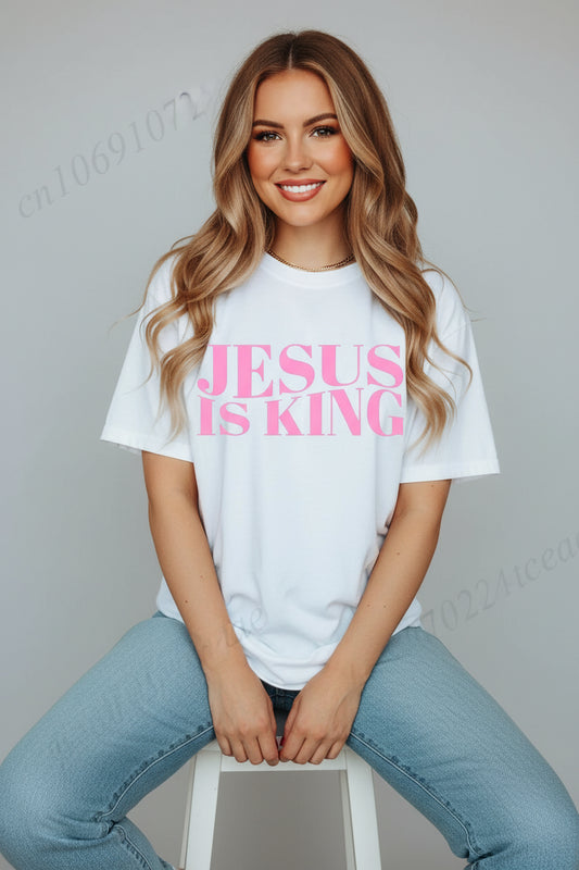 White t-shirt with 'Jesus is King' printed on the front and back, featuring a biblical verse.
