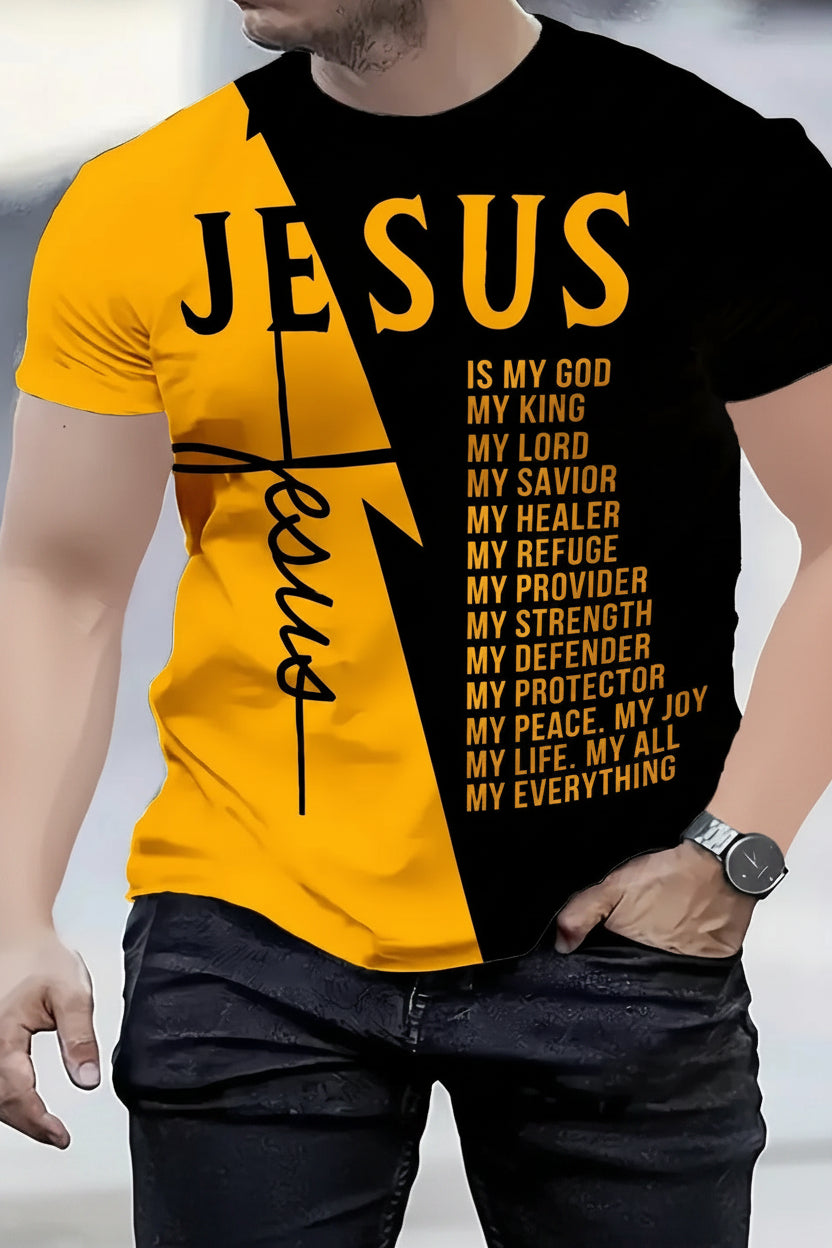 Person wearing a black and yellow t-shirt with 'Jesus' text