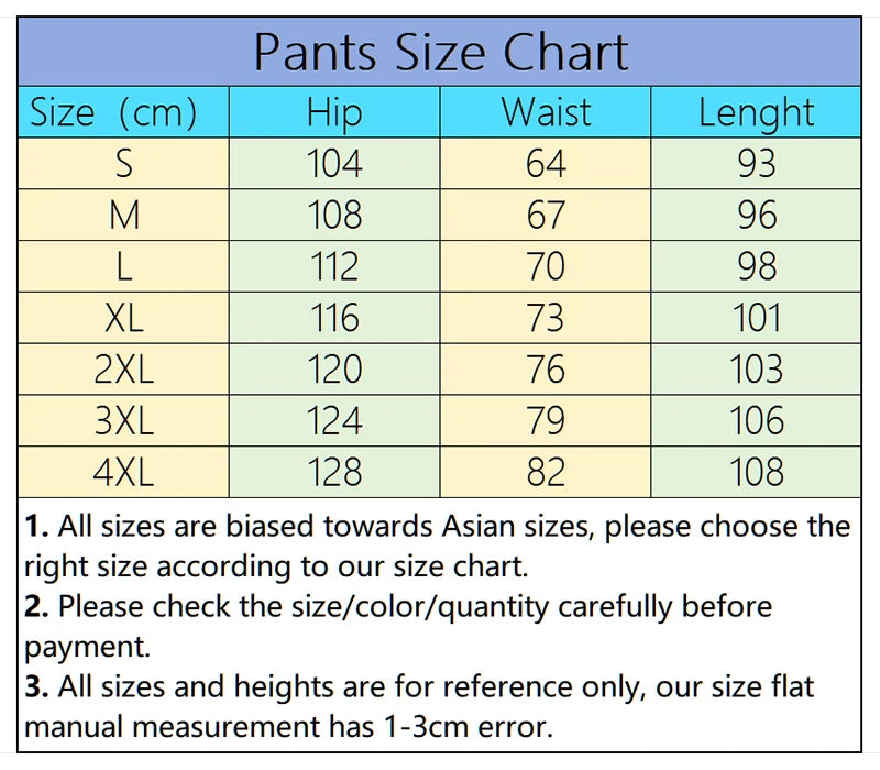 Pants size chart with measurements in centimeters for various sizes.