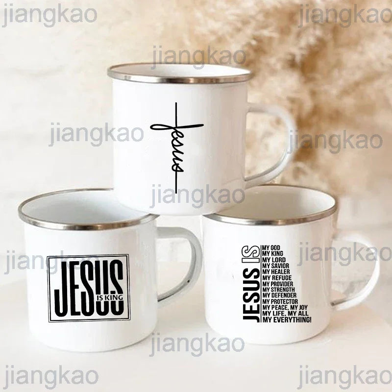 Jesus Is God Enamel Mug – Vintage Christian Coffee Cup with Inspirational Faith Designs