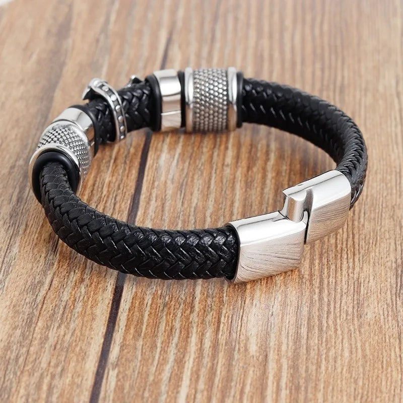 Stainless Steel Cross on Braided Multilayer Leather Bracelet