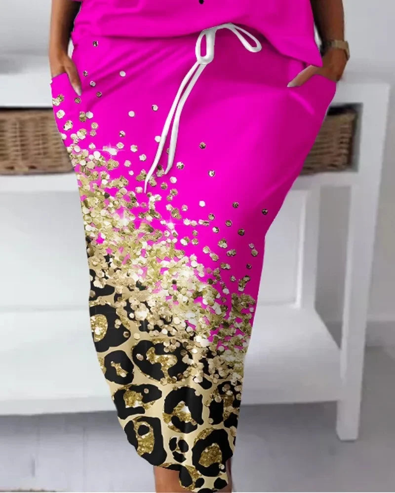 Elegant African Half Sleeve Polyester Print 2pieces Skirt Sets