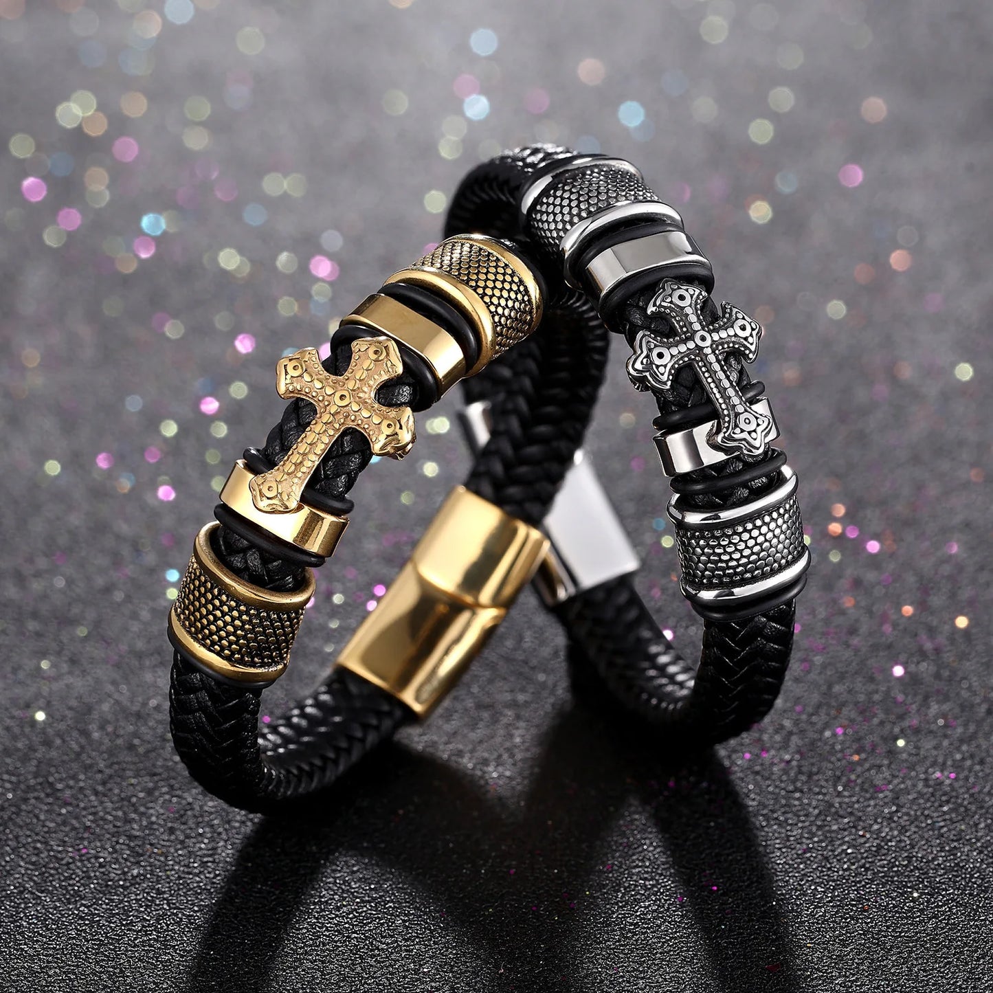 Stainless Steel Cross on Braided Multilayer Leather Bracelet