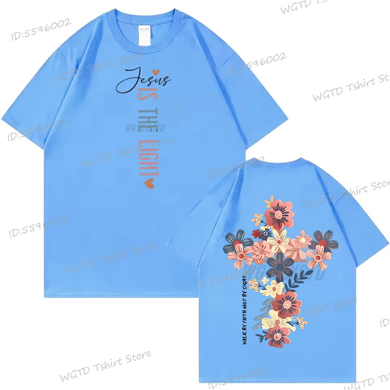 Jesus Is The Light Inspirational Floral Cross T Shirt