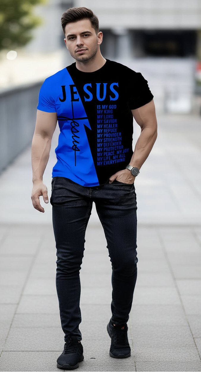 Person wearing a black and blue t-shirt with 'JESUS' text
