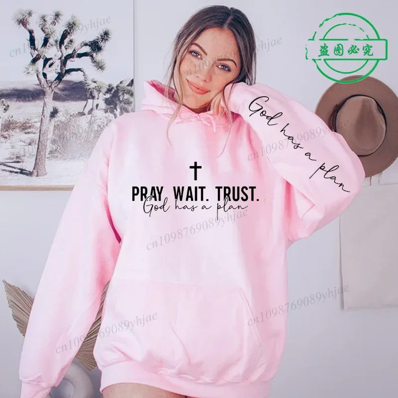 Pray, Wait, Trust Christian Hoodie – Inspirational Faith Pullover Sweatshirt