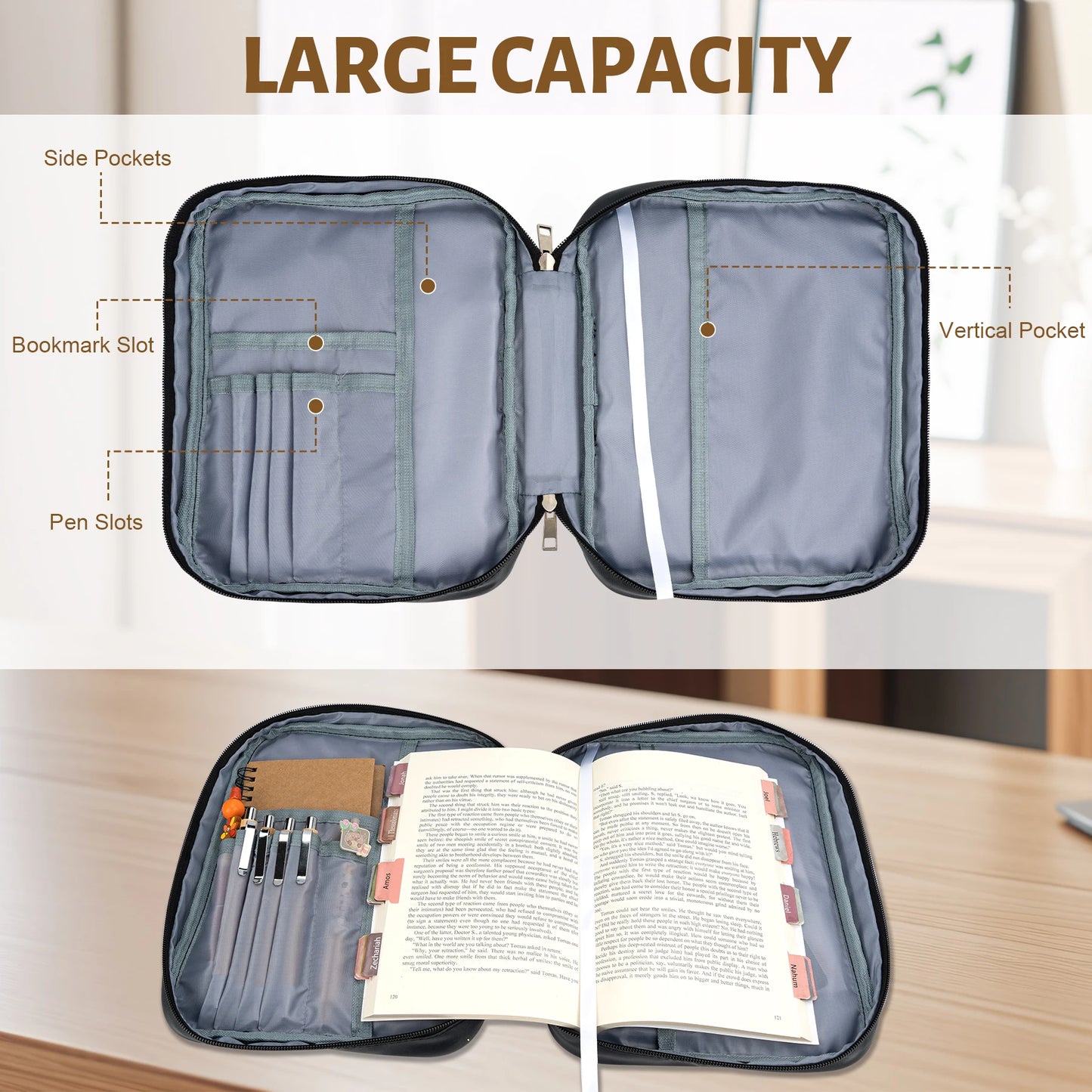 Leather Bible Cover Organizer with Handle & Zipper Pocket – Large Capacity Bible Carrying Case