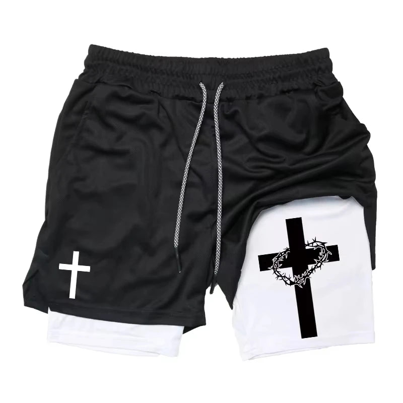 Cross & Bible Verse 2-in-1 Athletic Shorts – Men’s Quick-Dry Christian Sports & Beach Shorts