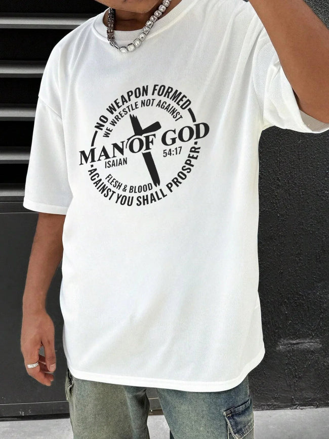 Person wearing a white t-shirt with a black text design