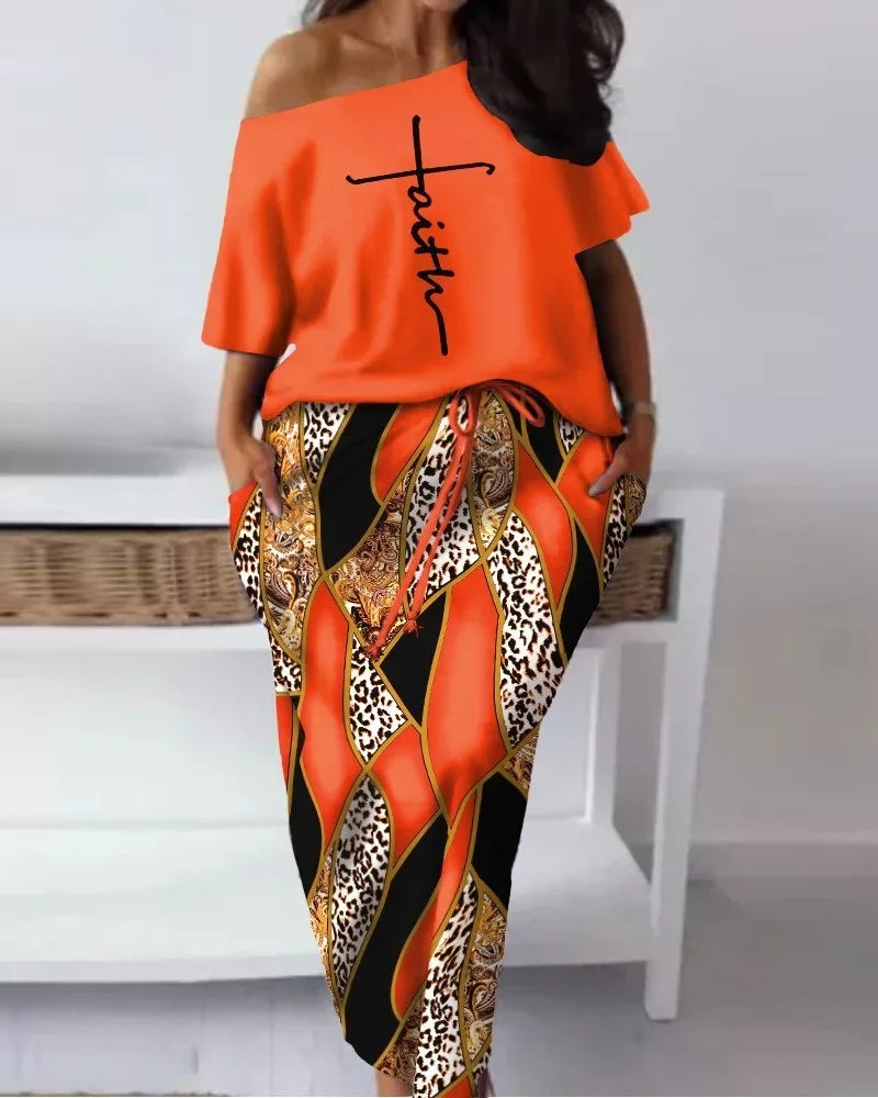 Elegant African Half Sleeve Polyester Print 2pieces Skirt Sets