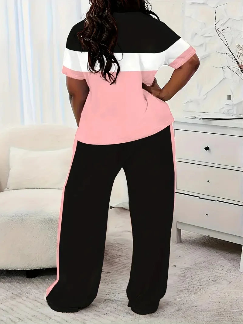 Women's Casual Colorblock Short-Sleeved Printed Loose Pocket Pants Suit