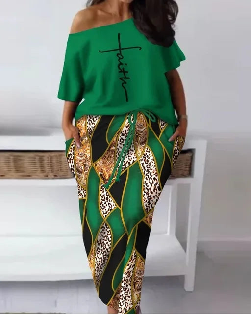 Elegant African Half Sleeve Polyester Print 2pieces Skirt Sets