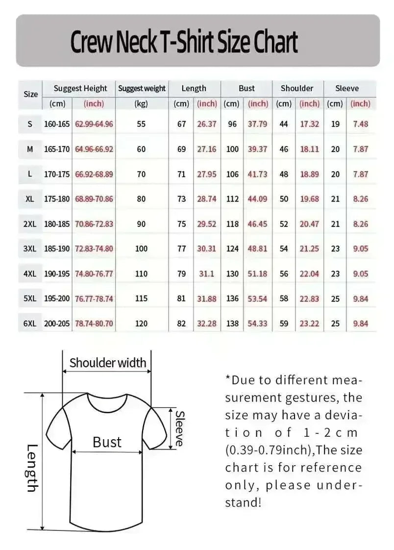 T-Shirt Size Chart with measurements and a diagram of a t-shirt.