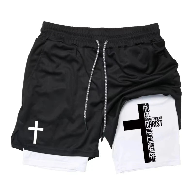 Cross & Bible Verse 2-in-1 Athletic Shorts – Men’s Quick-Dry Christian Sports & Beach Shorts