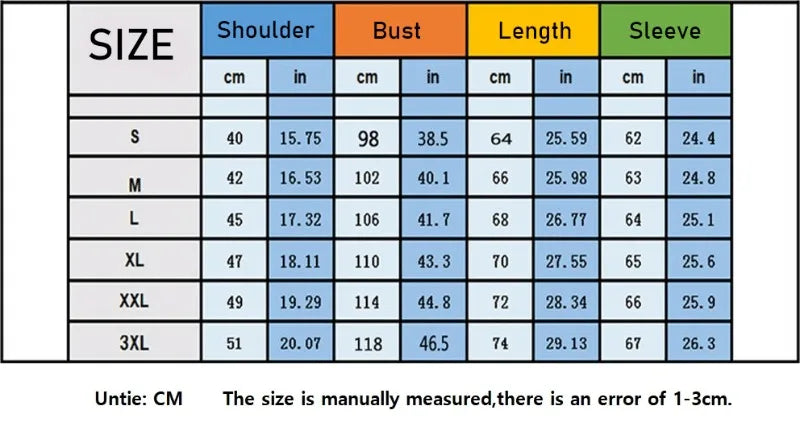 Size chart for clothing with measurements in centimeters and inches.