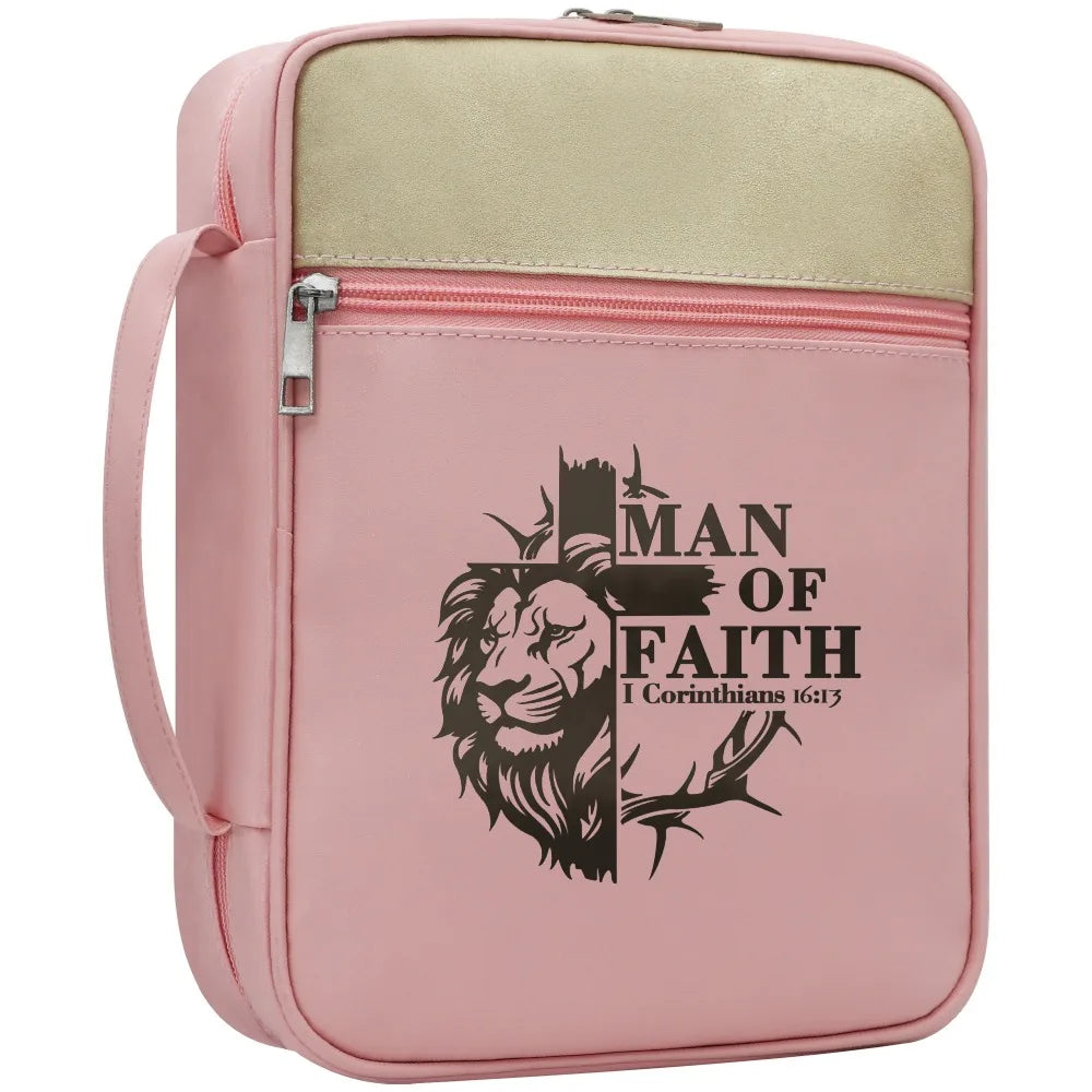 Men's "Man of Faith" Lion Cross Bible Cover with Handle – Christian Zipper Bible Case Organizer