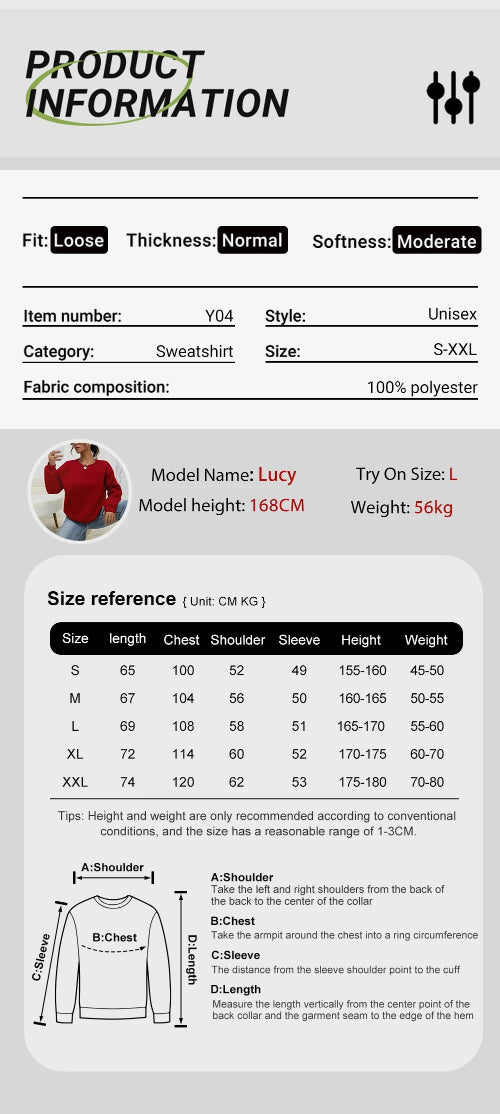 Product information card for a sweatshirt with size chart and model details.