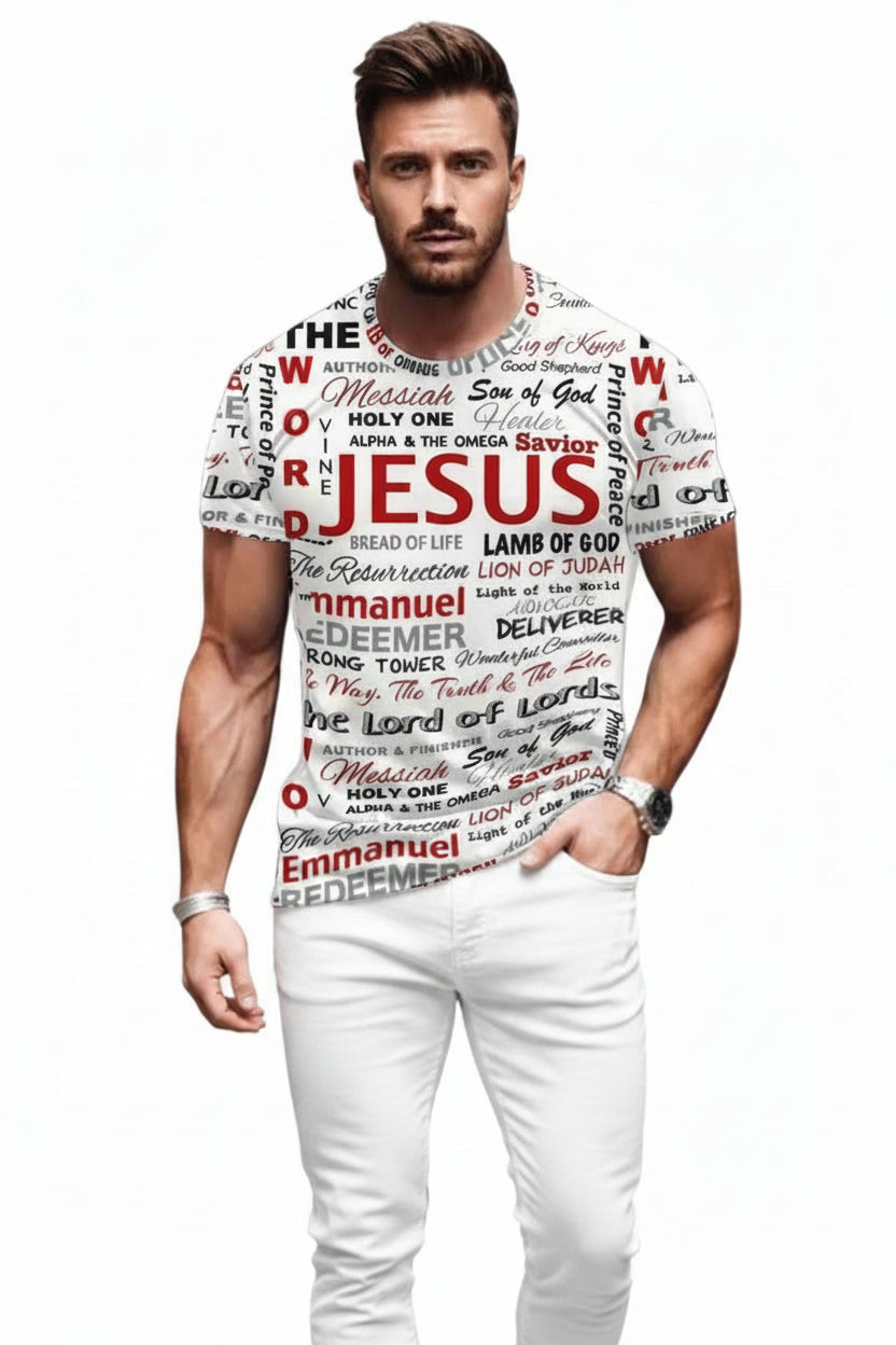 A man wearing a white short-sleeve t-shirt with a dense graphic print of religious text, including 'JESUS', 'EMMANUEL', 'HOLY ONE', and 'SON OF GOD'.