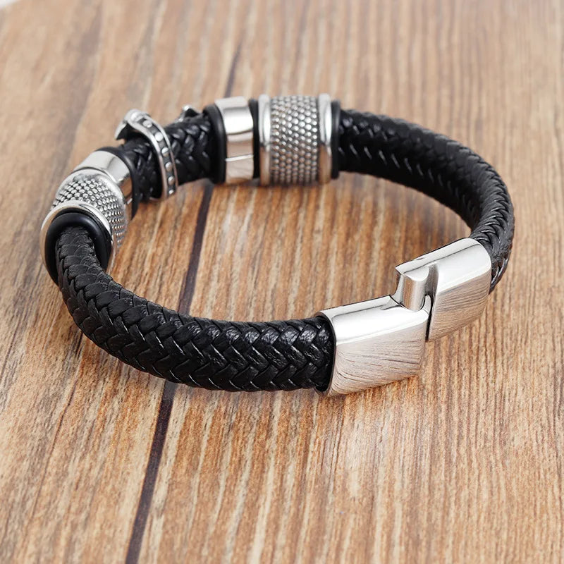 Stainless Steel Cross on Braided Multilayer Leather Bracelet