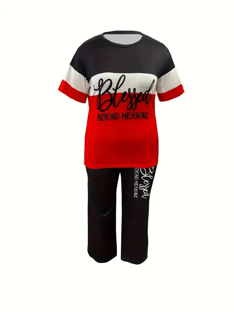 Women's Casual Colorblock Short-Sleeved Printed Loose Pocket Pants Suit