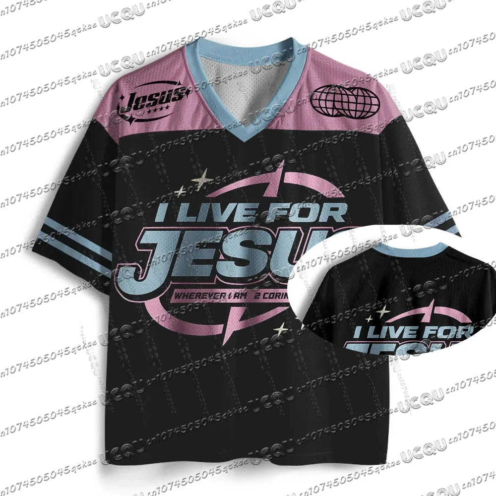 Black and pink sports jersey with 'I Live for Jesus' text on a white background