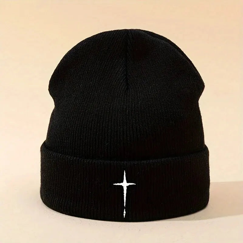 Embroidered Cross Knit Hat