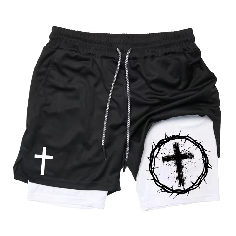 Cross & Bible Verse 2-in-1 Athletic Shorts – Men’s Quick-Dry Christian Sports & Beach Shorts