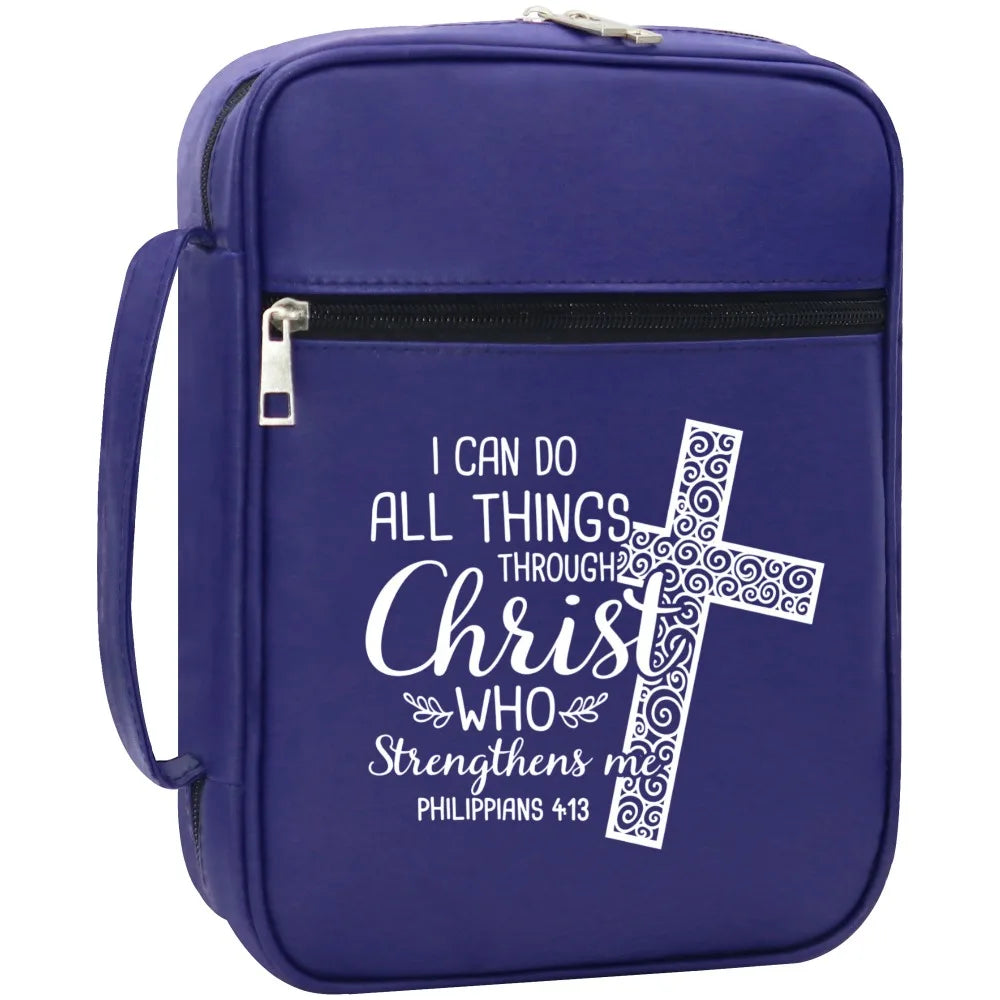 Christian Bible Cover with Handle – "I Can Do All Things Through Christ" Zipper Bible Case Organizer