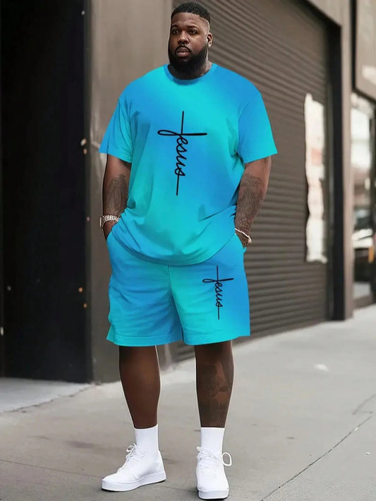 A man wearing a matching bright blue and turquoise gradient t-shirt and shorts set with a black script logo, styled with white sneakers and socks, standing on a city sidewalk.