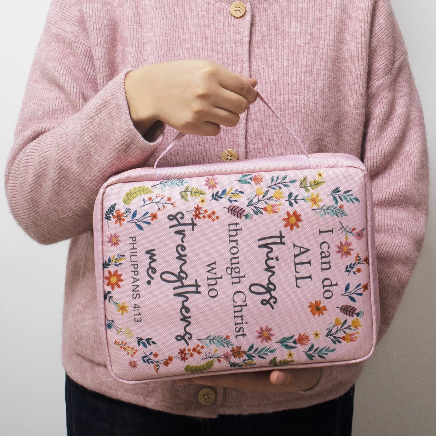 Pink Floral Philippians 4:13 Bible Cover for Women | Zipper Scripture Case with Handle
