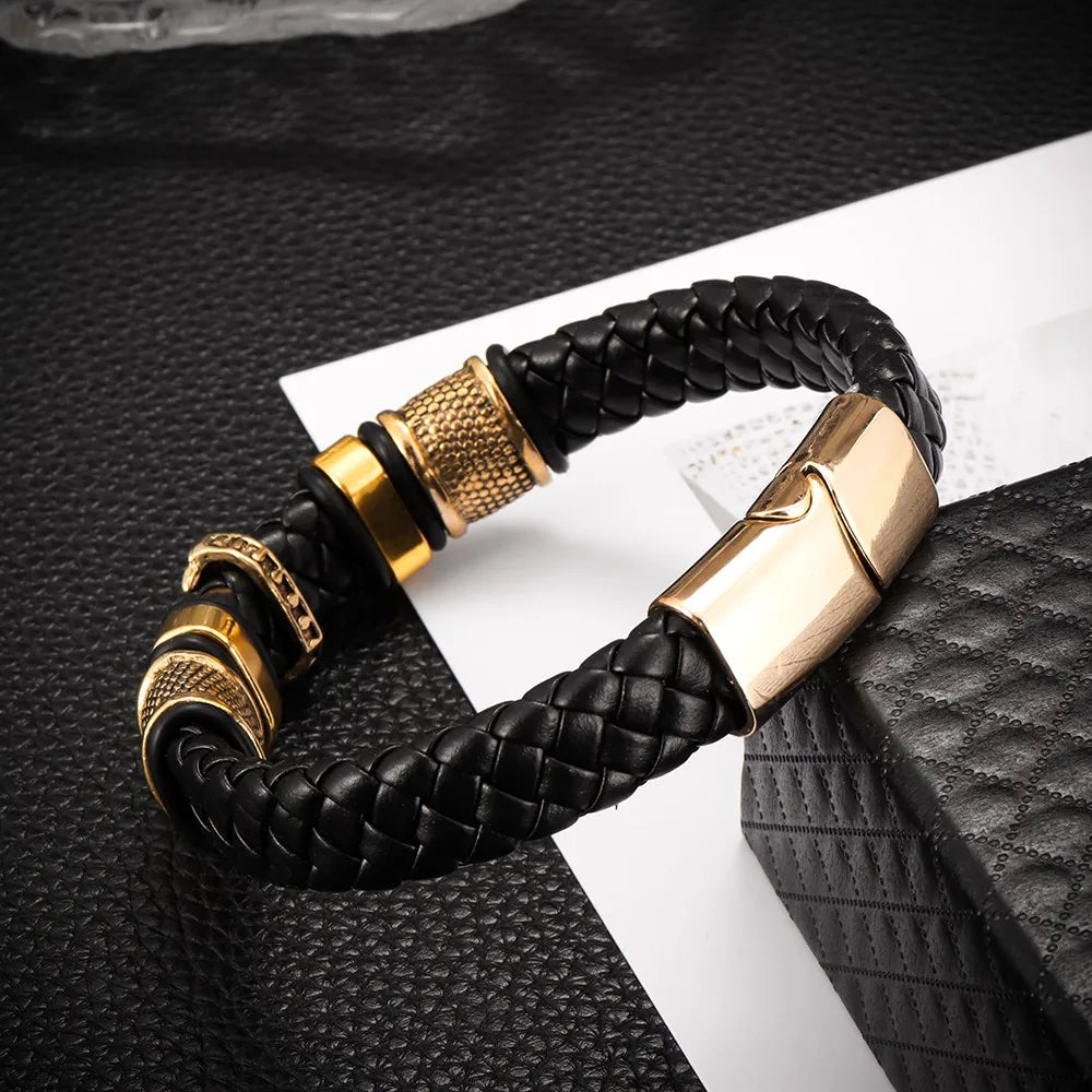 Stainless Steel Cross on Braided Multilayer Leather Bracelet