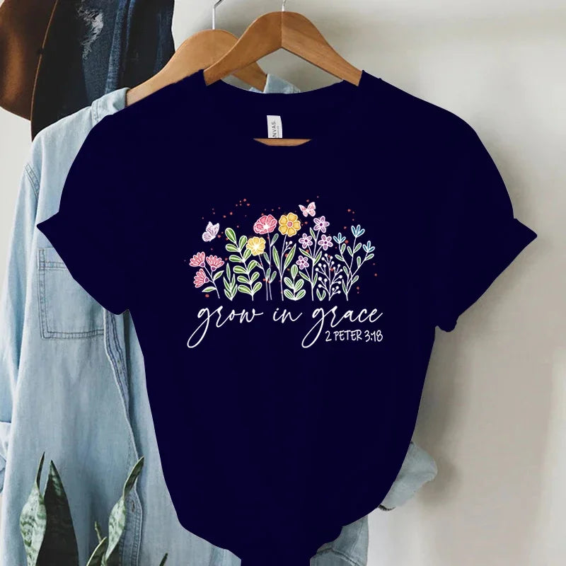 Floral Grow in Grace 2Peter 3:18 Tee