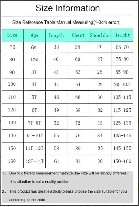 Size reference table for children's clothing with measurements in centimeters.