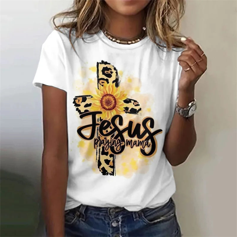 White t-shirt with 'Jesus praying mama' design featuring a sunflower and leopard print.