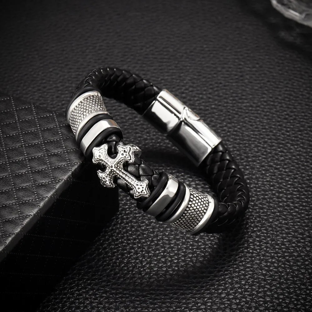Stainless Steel Cross on Braided Multilayer Leather Bracelet